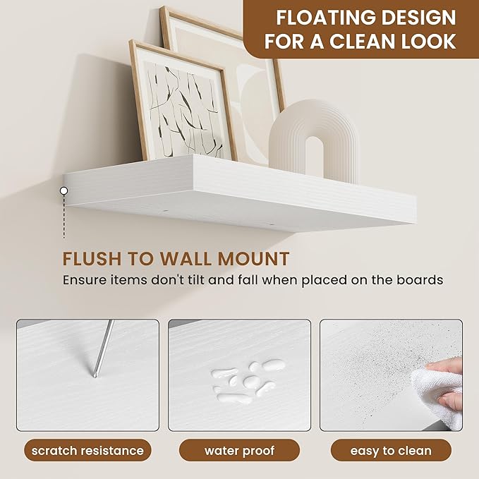 fuqing Floating Shelves for Wall, Wall Mounted Wood Floating Shelf with Invisible Brackets for Living Room, Bathroom, Bedroom, Kitchen Storage and Decor, 16 Inch Set of 2, White