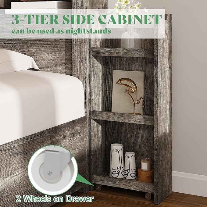 AMERLIFE King Size Bed Frame with 4 Storage Drawers, LED Bed Frame with 49“ Tall Bookcase Headboard, Wood Platform Bed with Charging Station & 2 Slide Bedside Shelf, No Box Spring Needed/Rustic Grey