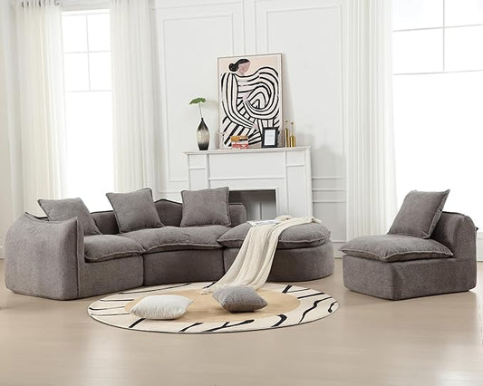 137.8” Curved Boucle Sofa Couch, Modern Sectional Sofa Cloud Deep Seat Couch with 4 Pillows, Comfy Modular 5-Seat Couches for Living Room Apartment (Grey)