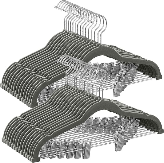 SONGMICS 30 Pack Pants Hangers, 16.7 Inches Long Velvet Trousers Hangers with Adjustable Clips, Heavy-Duty, Non-Slip, Space-Saving for Pants, Skirts, Coats, Dresses, Tank Tops, Gray UCRF12V30