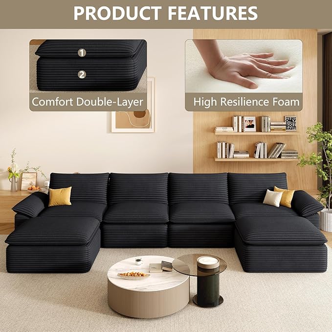 142" Cloud Sectional Couch with U-Shaped Chaise, Corduroy Sectional Sofa with Ottoman, Boneless Couch with Deep Seat in a Box for Living Room, No Assembly Required (Black)