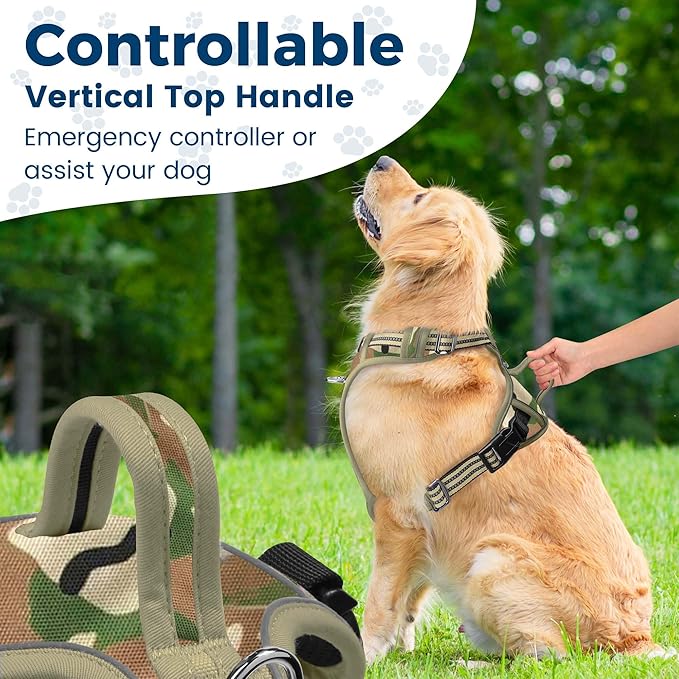 Funfox Dog Harness No Pull, Adjustable Pet Vest Harness, Super Soft Material with Vertical Handle Easy Control, Reflective Night Walking, 2 Leash Clips for Medium Sized Dogs, Camo Green, M