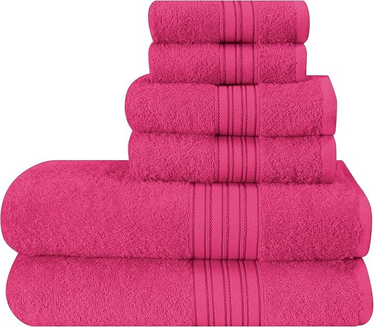 BOUTIQUO 6 Pack Cotton Towel Set, Contains 2 Bath Towels 28x55 inch, 2 Hand Towels 16x24 inch & 2 Wash Coths 12x12 inch, Ideal Everyday use, Ultra Soft Compact & Lightweight - Hot Pink