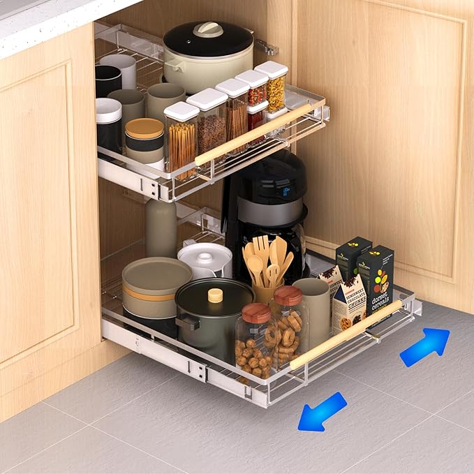 Pull Out Drawer Cabinet Organizer, Expandable Slide Out Storage Shelves - Heavy Duty, Durable and Smooth Slide-Out, 16.3"~26.3" Wide x 17.3" Deep, 2 Pack