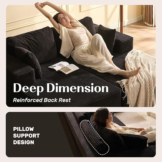 Chaise Lounge Chair, Boneless Couch for Living Room and Bedroom, Sleeper Couches Reading Chairs, Corduroy, Black