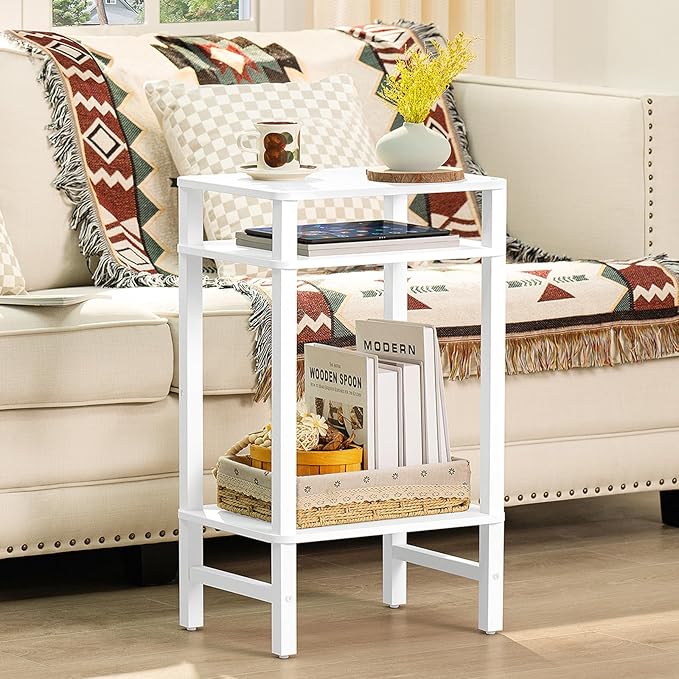 28in Tall Side Table Set of 2, 3-Tier Small Narrow End Table for Couch, Skinny Nightstand for Small Space, Farmhouse Slim Night Stand with Storage, Wooden Frame Thin Bedside Table, White