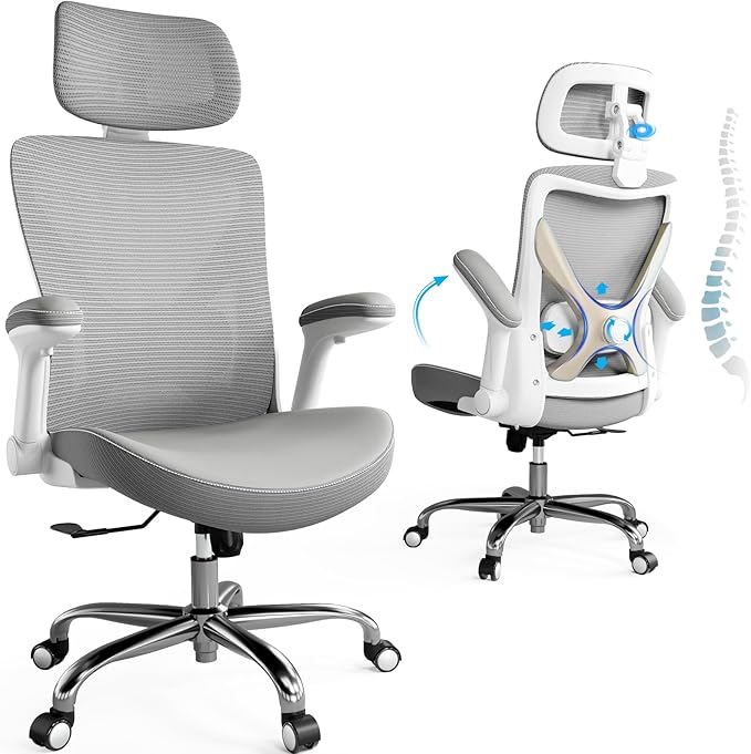 Office Home Ergonomic Desk Chair-Computer X-Shaped Chair Mesh PU Leather with Adjustable Lumbar Support-Executive Chair High Back with Headrest Flip-Up Arms for Long Hours (Grey)