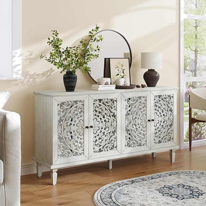 Retro 60'' Large Storage Cabinet Sideboard with 4 Hollow-Carved Doors and Adjustable Shelves, Acacia Wood Vintage Entryway Console Table TV Stand for Living Room Dining Room (Antique White-LK)