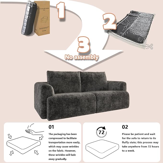 EASE MOOSE Boneless Couch for Living Room, Sectional Cloud Sofa, Modular Cloud Couch Loveseat, 2-Seater Deep Seat Sofas with Pillow for Bedroom, Apartment, No Assembly Required, Chenille (Dark Grey)