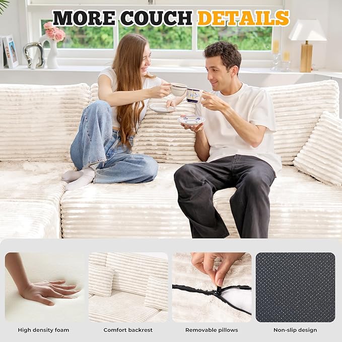 113" Modular Sectional Sofa, Convertible U-Shaped Cloud Couches for Living Room with Ottoman, 5 Seater Corduroy Boneless Couch Sofa Set, No Assembly Required, Beige 1 PCS
