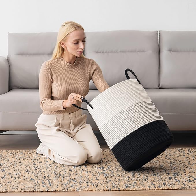 YOUDENOVA Woven Rope Laundry Hamper Basket, 72L Tall Laundry Basket, Baby Nursery Hamper for Blanket Storage in Bedroom-Large-Dark White