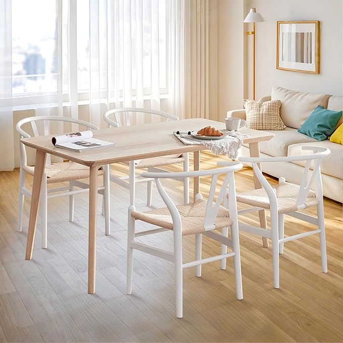 Wishbone Chair Natural Solid Wood Dining Chair/Hans Wegner Y Chair Rattan and Wood Accent Armrest Chairs Set of 2 (Ash Wood - White)