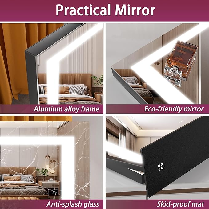 Hasipu Vanity Mirror with Lights, 24.2" x 19.7" LED Makeup Mirror, Light up Mirror with 10X Magnification and USB, Phone Holder, Smart Touch 3 Colors Dimmable, 360° Rotation (Right Angle Black)