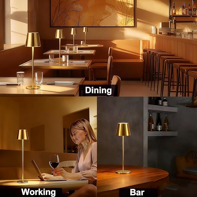 2 Pack Gold Cordless Table Lamp Rechargeable, Metal Small Bedside Table Lamp with 3 Adjustable Pole, 5400mAh Battery Operated Touch Lamp for Bedroom Kitchen Dining Waterproof & Portable