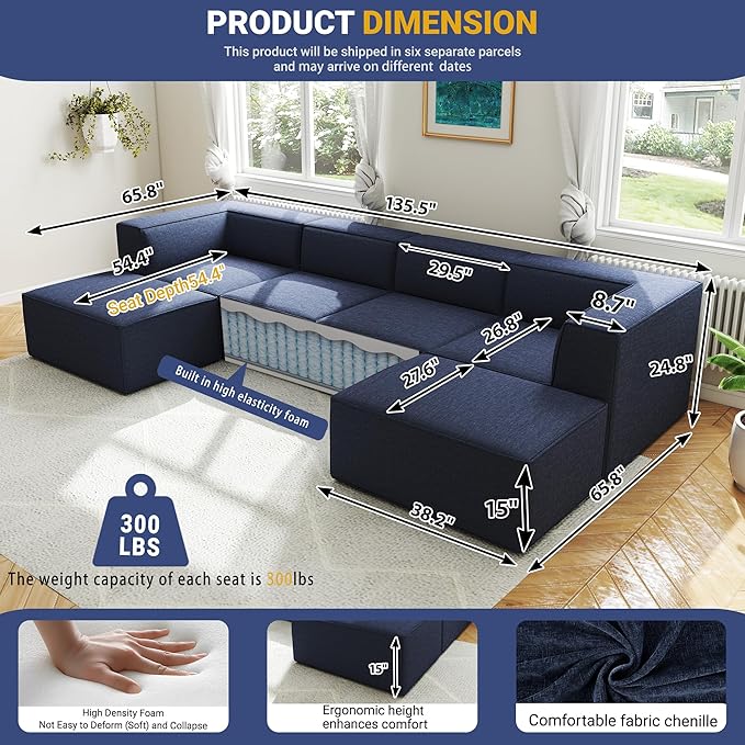 136" 6-Piece Sectional Sofa Modular Couches,L-U-Shaped with Chaise,for Living Room,Compressed Foam No Assembly,for Living Room (2xArmless Corner Ottoman) Fabric Chenille Blue