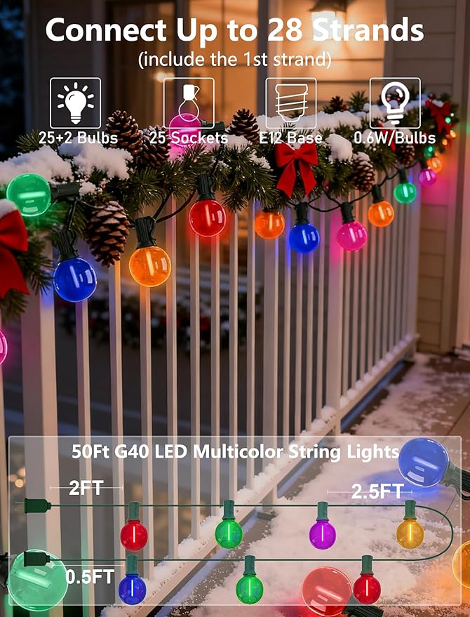 50Ft Outdoor Clear Multicolor Lights, LED G40 Globe Patio String Lights with 25 0.6W Colorful Bulbs(2 Spare), Outside Christmas Lights for Holiday Party Backyard Christmas
