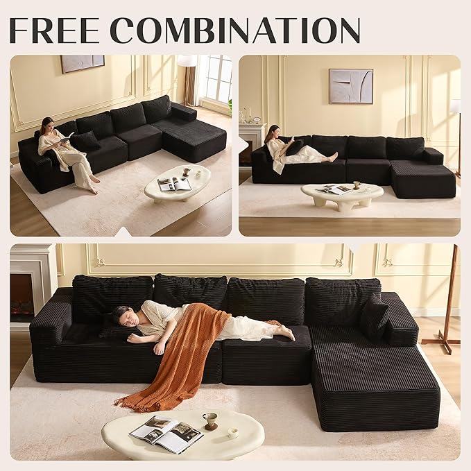 138" Boneless Couch with Deep Seat, Modular Sectional Sofa, Cloud Sectional Couch for Living Room, No Assembly Required, Corduroy, 4 Seater L-Shape Right, Black