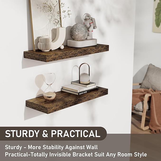 Floating Shelves for Wall, 24 Inch Floating Shelves Set of 2, Wall Mounted Rustic Wood Shelf for Bathroom, Living Room, Bedroom and Kitchen, Hanging Shelf for Storage, Books, Home Decor, Rustic Brown