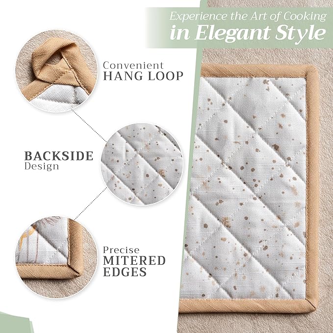 Maison d' Hermine Pot Holders Set 100% Cotton Heat Resistant Potholders 8" x 8" Hot Pads with Loop BBQ, Cooking, Grilling, Kitchen, Handling Hot Pans Spring/Summer (Pack of 2, Meadow Florals - Beige)