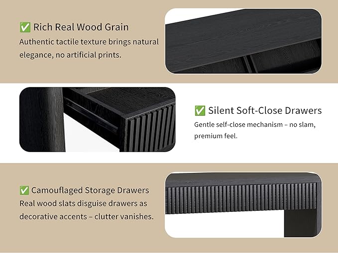 59.8”Rectangular Rustic Fluted Console Table with 2 Drawers,Solid Wood Entry Table Hallway Table, Modern Farmhouse Narrow Sofa Table for Foyer Living Room,Bedroom,Apartments-Black