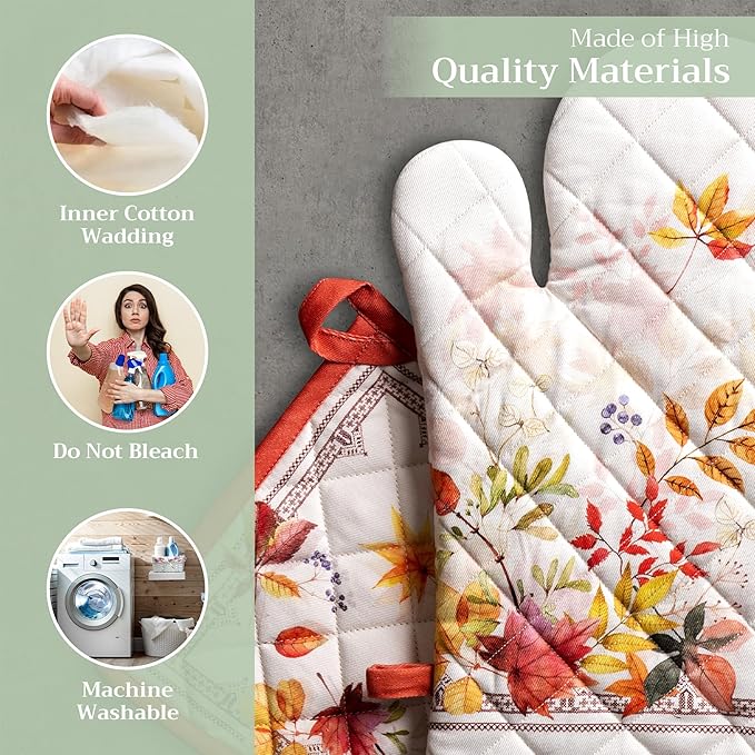 Maison d' Hermine 100% Cotton Oven Mitt & Pot Holder Set (7.5"x13" & 8"x8") Heat Resistant BBQ Cooking Gloves with Loop for Thanksgiving Christmas Decorations Handling Hot Pans (Amarante)