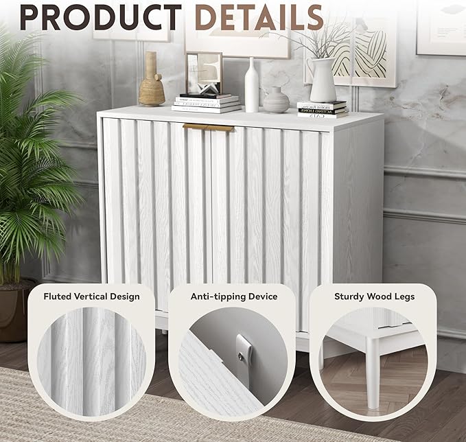 Fluted Cabinet with Storage, Buffet Cabinet Sideborad with Door, Kitchen Buffet Storage Accent Cabinets with Adjustable Shelves for Living Room, Entry, Hallway, White