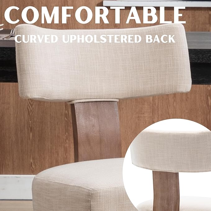Mid Century Modern Dining Chairs Set of 2 Upholstered Linen Fabric Dining Chairs Curved Backrest Farmhouse Dining Room Chairs Kitchen Chairs with Wood Legs, Beige