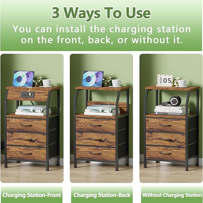Furnulem Night Stand Set of 2, 28.3 Inch Bedside Table with Charging Station, 3 Fabric Drawers Side Table with Wood Shelf, End Table with USB Ports & Outlets for Bedroom, 3 Ways to Use, Rustic Brown