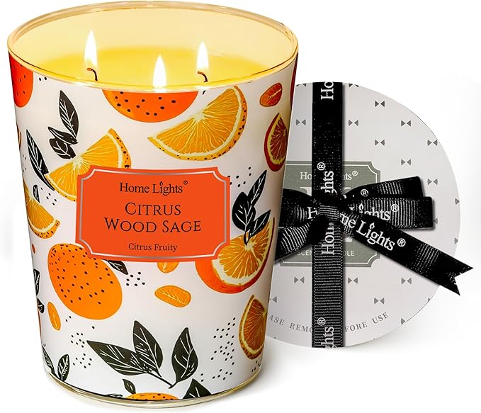 HomeLights Citrus Wood Sage Scented Candles | 34oz Soy Candles Eclectic Mixed Styles 3-Wick Large Candle Jars | Ideal Candle Gifts for Events, Home Decor Stress, Relief & Relaxation
