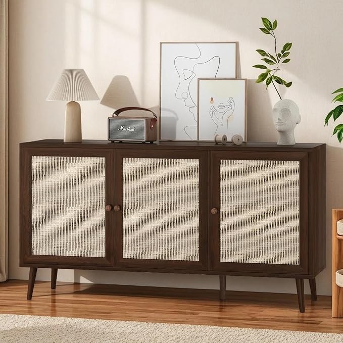 59" Rattan-Door Sideboard Cabinet with Shelf, 3-Door TV Stand Credenza Buffet with Generous Storage, Modern Accent Cabinet for Living Room & Kitchen, Walnut