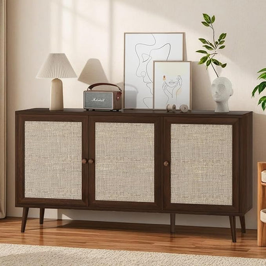 59" Rattan-Door Sideboard Cabinet with Shelf, 3-Door TV Stand Credenza Buffet with Generous Storage, Modern Accent Cabinet for Living Room & Kitchen, Walnut