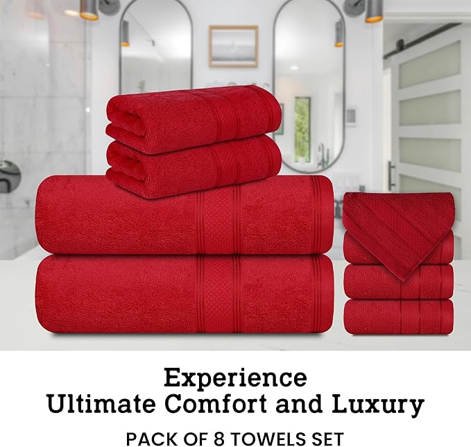 Casa Lino Bath Towel Set of 8 (2 Bath Towels, 4 Wash Cloths & 2 Hand Towels for Bathroom) - 100% Cotton - Highly Absorbent & Quick Dry - Guest Room Essentials for Bathroom Set - (Red)