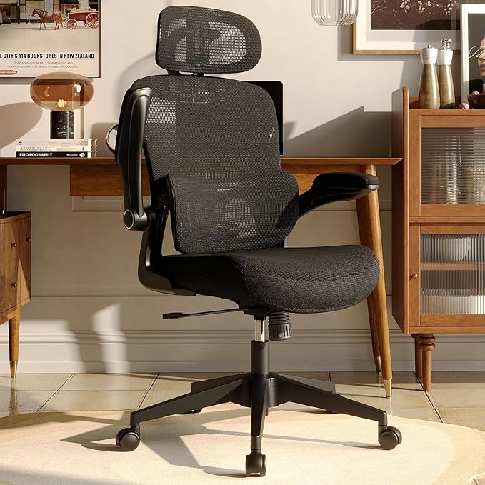 SUNNOW Ergonomic Office Chair, Comfy Mesh Desk Chair, High Back Computer Gaming Chairs with Adjustable Lumbar Support, Flip-Up Arms, Headrest, Tilt Function, Wide Cushion, Swivel Wheel, BIFMA Quality