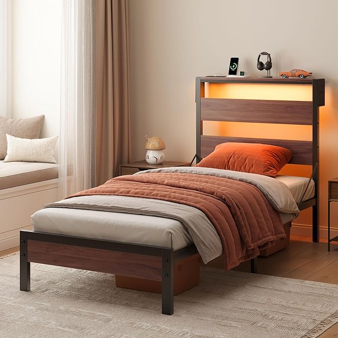 Bestier Twin Bed Frame with Storage Headboard and Charging Station, Walnut Platform Bed Frame with LED Light, Non-Slip Metal Bed Frame, Noise-Free, Easy Assembly,Brown