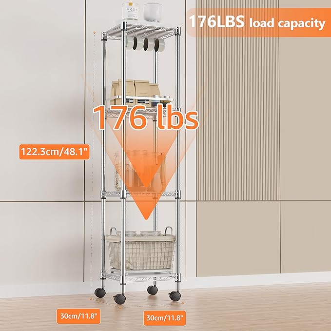 IZEUK 4 Tier Steel Storage Shelves, Adjustable Wire Shelving Unit for Kitchen, Bathroom, or Office Organization, Heavy Duty Metal Rack, 11.8" D x 11.8" W x 48.1" H, Chrome