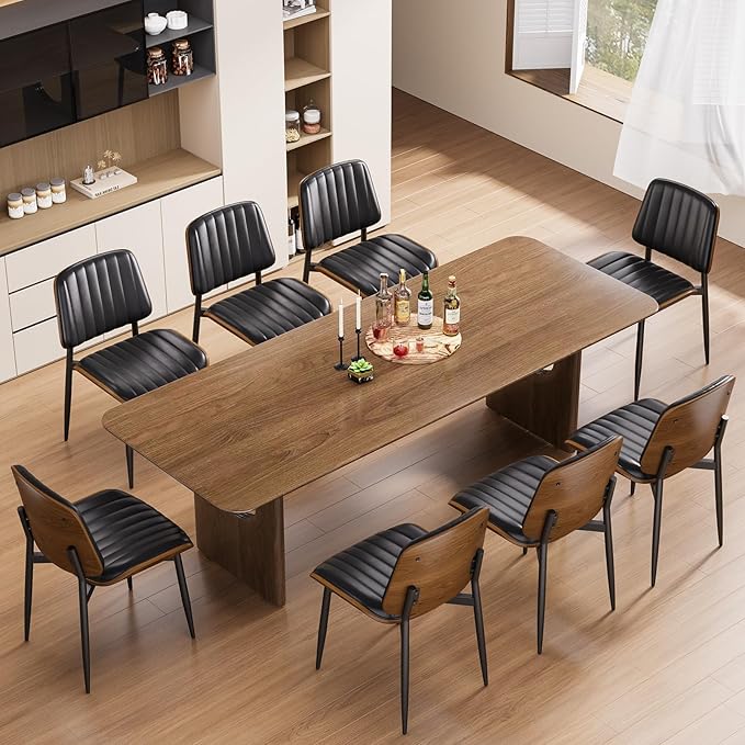 Dining Chairs Set of 6, FSC Certified Mid Century Modern Dining Room Kitchen Chairs, Upholstered PU Leather Vertical Stripe Chairs for Vanity with Walnut Bentwood and Metal Legs, Black