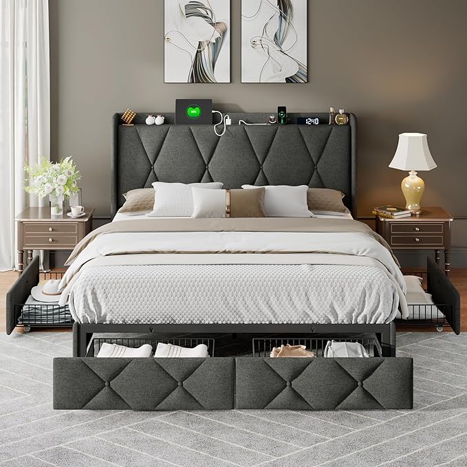 Feonase Full Size Bed Frame with 4 Storage Drawers, Upholstered Platform Bed with Charging Station, Wingback Storage Headboard, Wooden Slats Support, No Box Spring Needed, Easy Assembly, Dark Grey