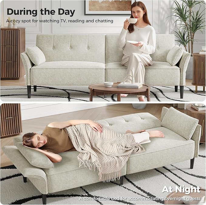 89” Futon Sofa Bed, Comfy Futon Couch Bed with 2 Square Pillows,Convertible Sleeper Sofa with Adjustable Backrest& Armrests, Modern Loveseat Sleeper for Living Room,Velvet Fabric White