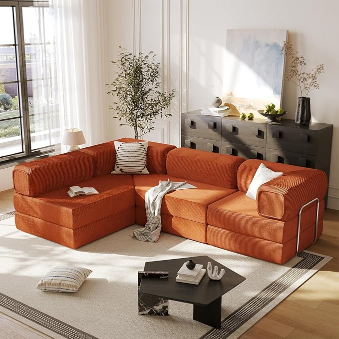 108" L Shaped Couch，Modular Sectional Sofa with Chaise，Cloud Sectional Couch with Deep Seat & Removable Pillow for Living Room,Bedroom,No Assembly Required（Brick Red）