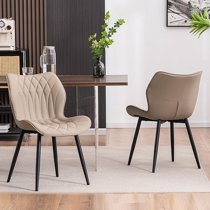 Kidol & Shellder Dining Chairs Set of 2 Modern Kitchen Chairs with Back Armless Accent Chairs for Living Room Upholstered Faux Leather Chair Mid Century Comfy Side Chair with Metal Legs, Khaki