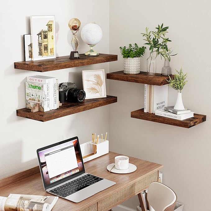 Floating Shelves 16 Inch Long, Wall-Mounted Bathroom Shelves Set of 2, 9.3 Inch Deep Shelf for Home Storage & Display, Wooden Deep Wall Shelves for Bedroom, Living Room, Kitchen, Rustic Brown