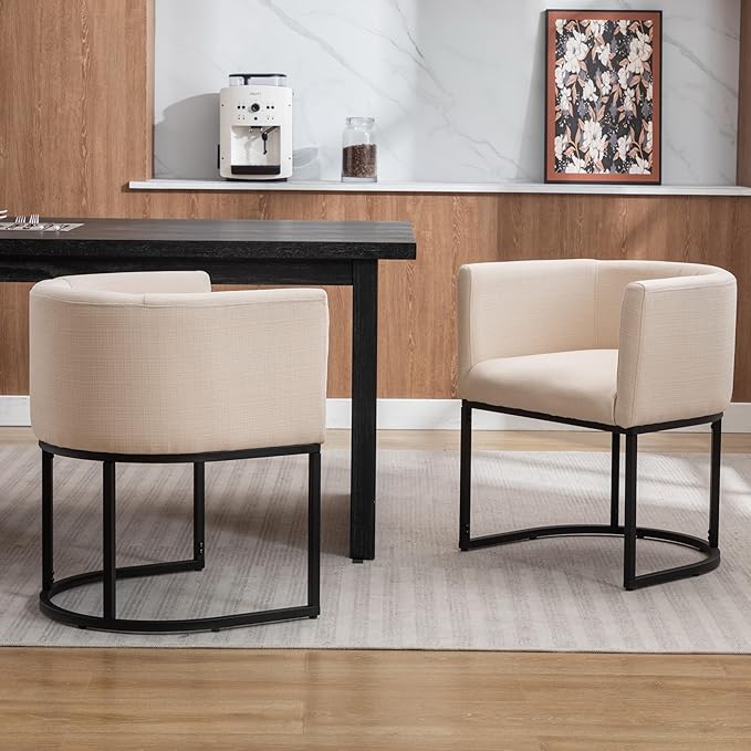 Linen Fabric Dining Chairs Set of 3 Modern Barrel Arm Chairs with Black Frame Upholstered Kitchen Chairs 18.5" Wide Accent Chairs for Living Room Dining Room Restaurant, Cream