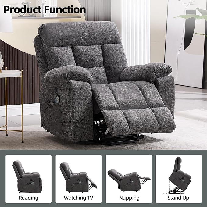 CANMOV Large Power Lift Recliner Chair with Massage and Heat for Elderly Big and Tall People, Overstuffed Wide Recliners with 2 Cup Holders, Side Pocket and USB Port, Dark Grey