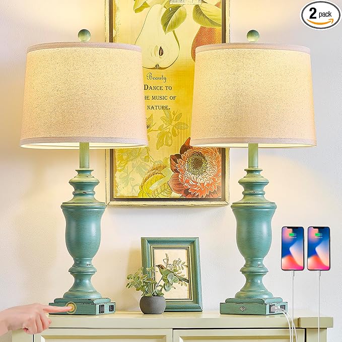27.5" Set of 2 Farmhouse Table Lamps for Bedroom, 3 Way Dimmable Bedside Lamp with 2 USB +AC Outlet Nightstand Lamps for Living Room Resin Rustic Touch Lamps (Antique Green)