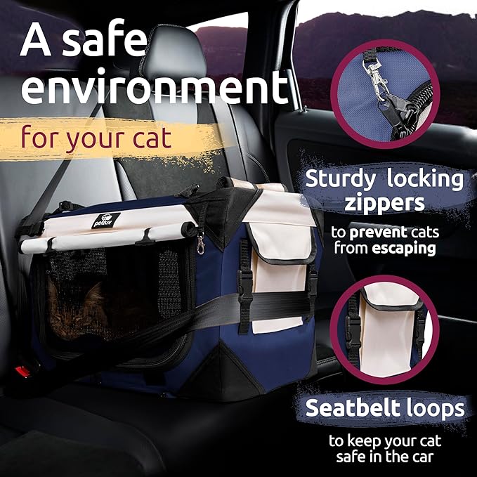Medium Cat & Dog Carrier for Most Cats or Small Dogs, Soft-Sided, Collapsible with Locking Zippers, Portable Travel Bag with Soft Bed, Navy