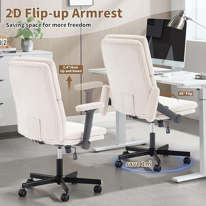 Office Chair Adjustable Desk Chair Mid Back Comfortable Linen Ergonomic Back Support Home Computer Chair with Padded 2D Flip-up Armrest Swivel Wheels (Beige)