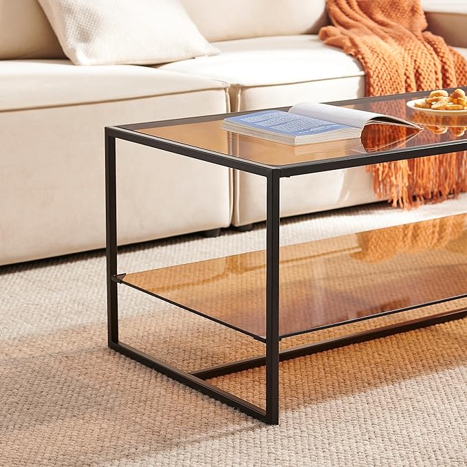 Shrine Brown Glass Coffee Table, Modern Design, Dual-Layer Coffee Table for Living Room, Black Metal Frame, Brown Glass Top