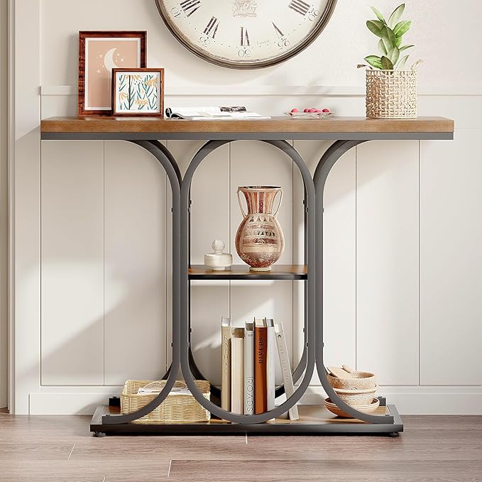 GiftGo Narrow Console Table for Entryway Industrial Sofa Table Behind Couch Ellipse Frame Rustic Wooden Accent Tables with Storage Shelves for Living Room, Hallway, Foyer (Brown)