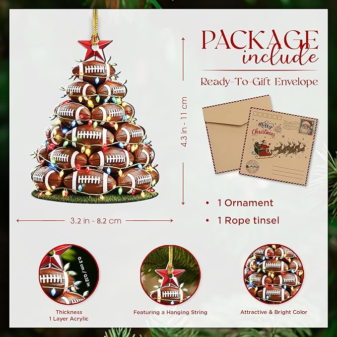 Football Ornaments 2025 - Acrylic Football Christmas Ornaments - Boys Foot Ball Gifts for Foot Ball Players - Sport Ornament for Boy - Stocking Stuffer for Boys