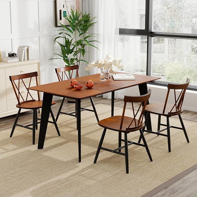 Giantex Wooden Dining Chairs Set of 4, Farmhouse Windsor Kitchen Chairs w/Cross Back, Wide Seat, Rubber Wood Frame, Armless Side Chairs for Kitchen, Dining Room, Living Room, Restaurant, Dark Oak